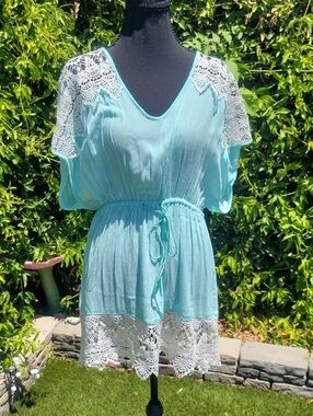 Swim Coverup With Lace Trim And Shoulder Cinch Waist S